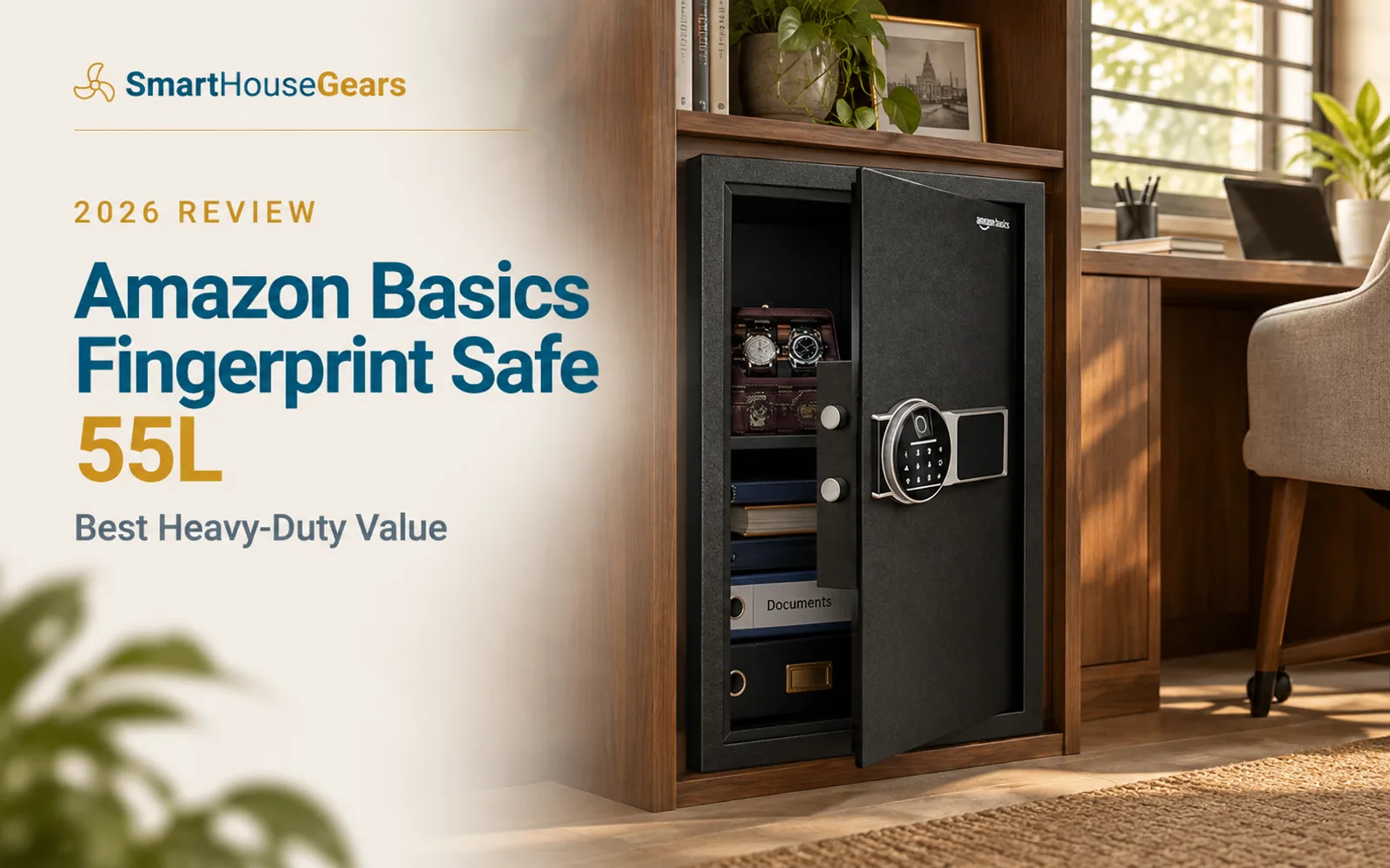 Amazon Basics Fingerprint Safe 55L in a sunlit walnut study cabinet with its door ajar