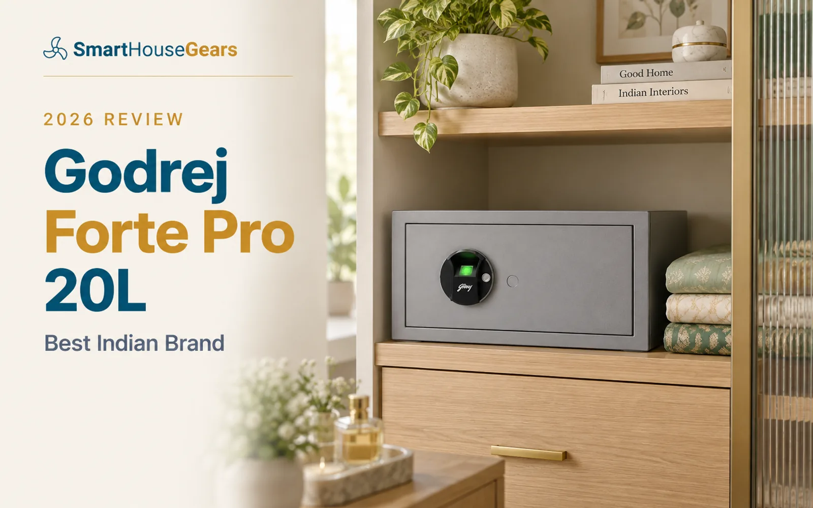 Godrej Forte Pro 20L on a pale teak wardrobe shelf beside folded sarees