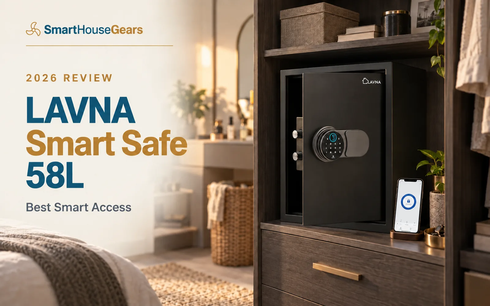 LAVNA Smart Safe 58L in a dark oak bedroom cabinet beside a phone showing its lock app