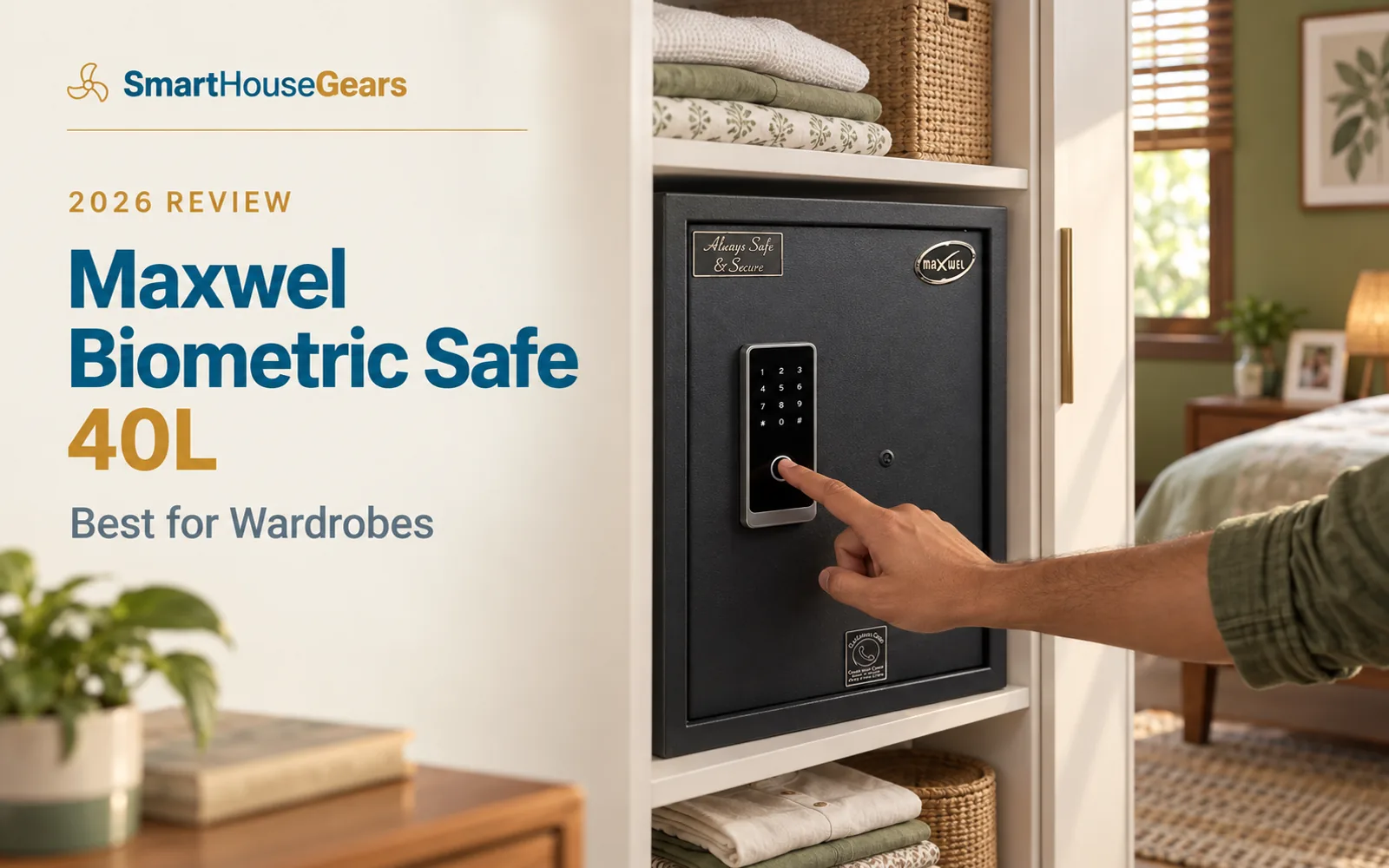 Maxwel Biometric Safe 40L in a white wardrobe as a hand touches its fingerprint reader