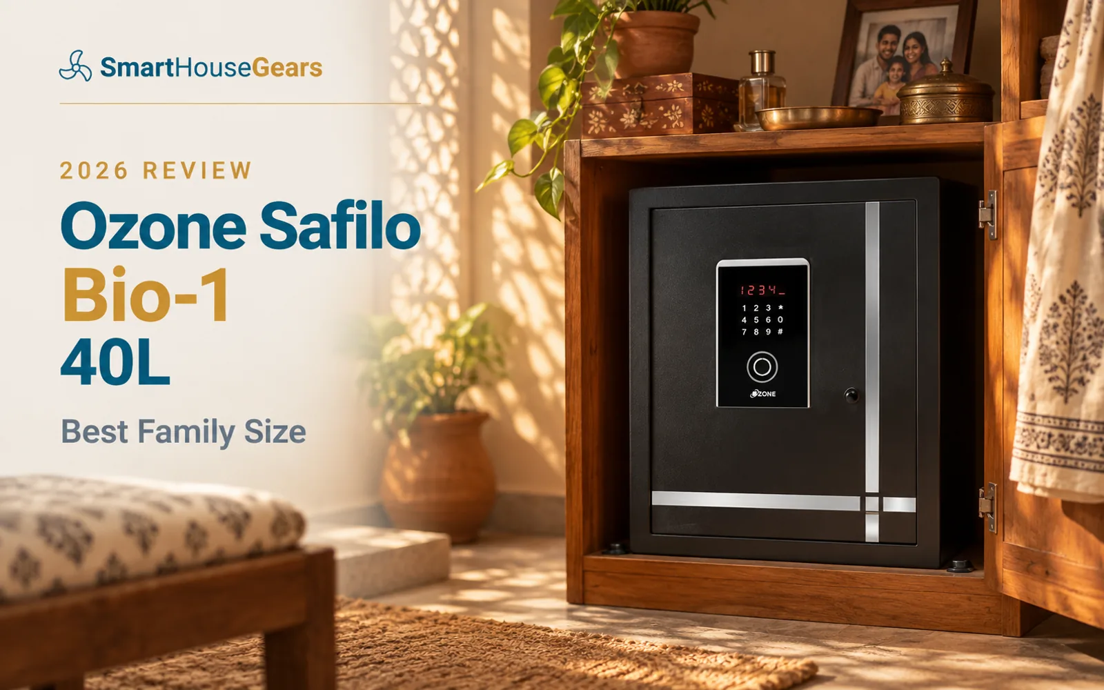 Ozone Safilo Bio-1 40L in a mango-wood cabinet lit by sunlight through a jaali