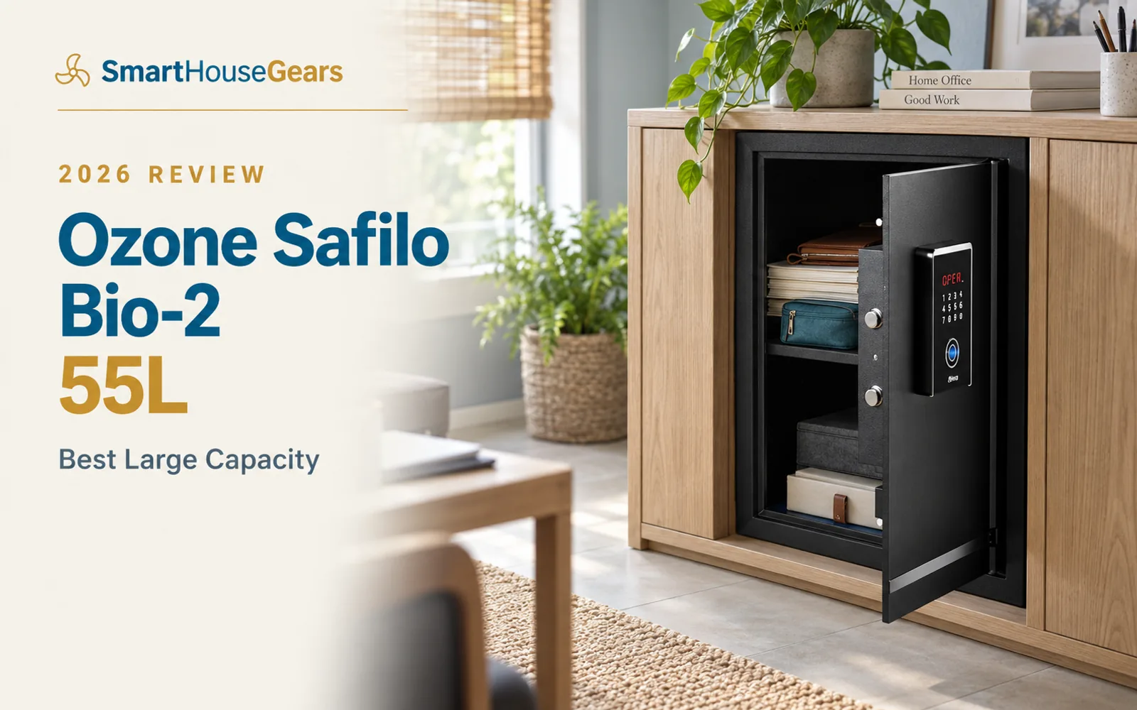 Ozone Safilo Bio-2 55L open in a pale ash office cabinet with folders and a teal pouch