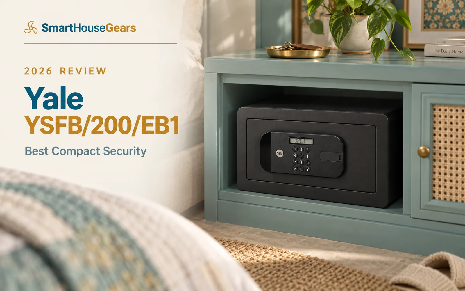 Yale YSFB/200/EB1 in a turquoise bedside cabinet with a cane door