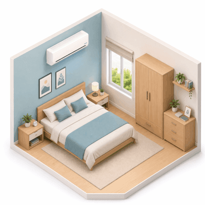 Isometric view of a master bedroom sized for a 1.5 ton air conditioner