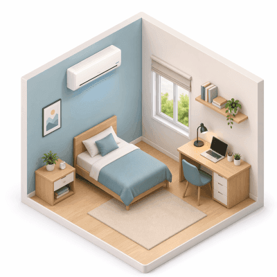 Isometric view of a small bedroom sized for a 1 ton air conditioner