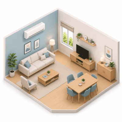 Isometric view of a living or dining sized for a 2 ton air conditioner