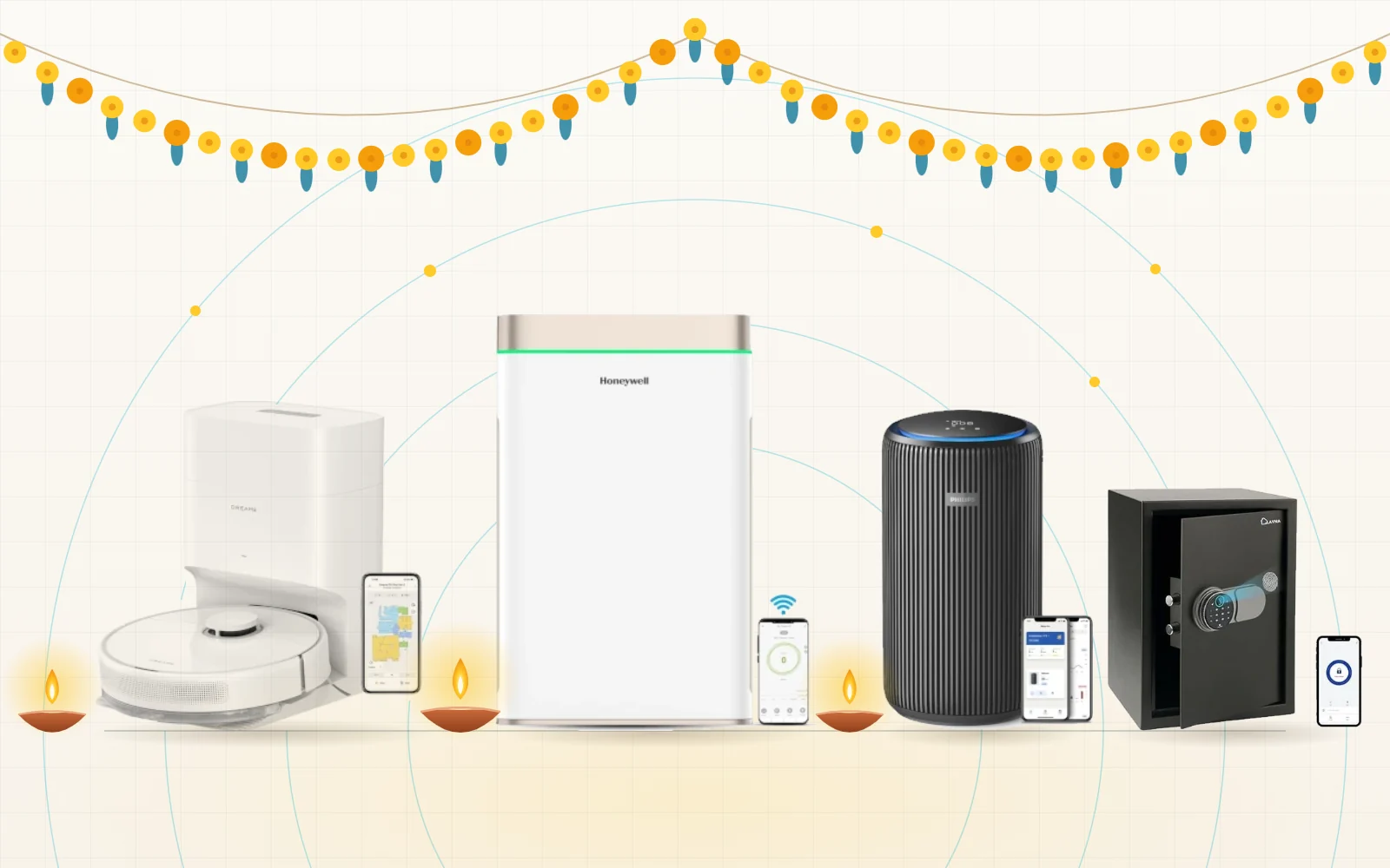 A robot vacuum, two air purifiers and a smart safe on a shelf with diyas and a marigold garland