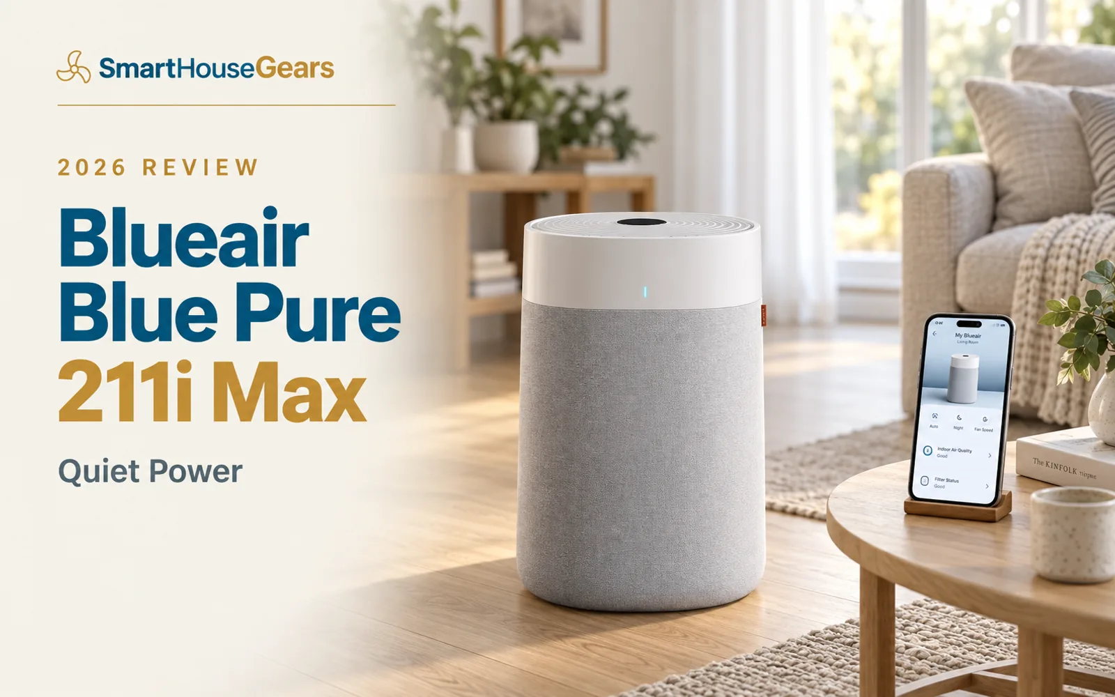 Blueair Blue Pure 211i Max on an oak floor beside an oatmeal sofa and a phone