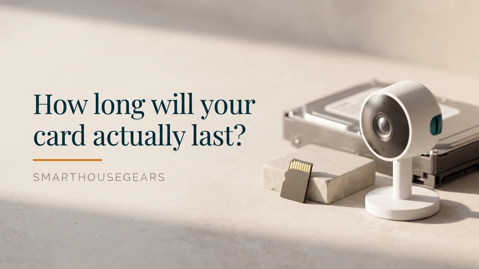 A home security camera, a microSD card and a hard drive arranged on a stone surface