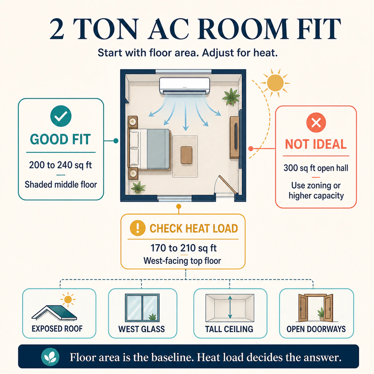 Room heat load map showing when a 2 ton inverter AC suits large rooms in India