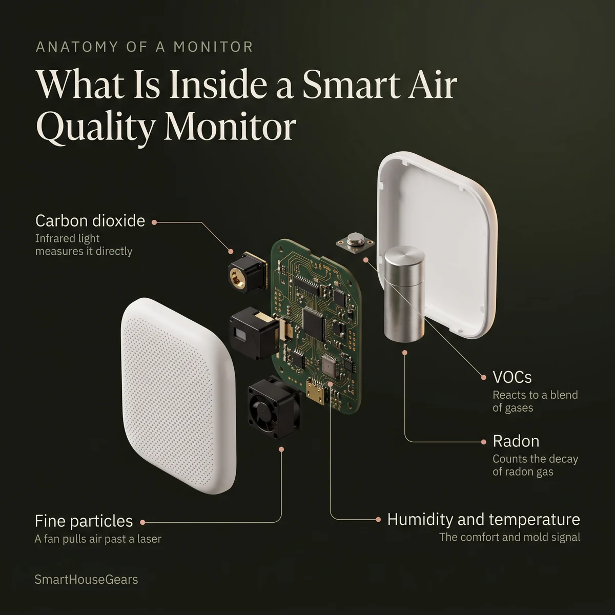 Exploded view of an air quality monitor showing its CO2, particle, VOC, radon and humidity sensors