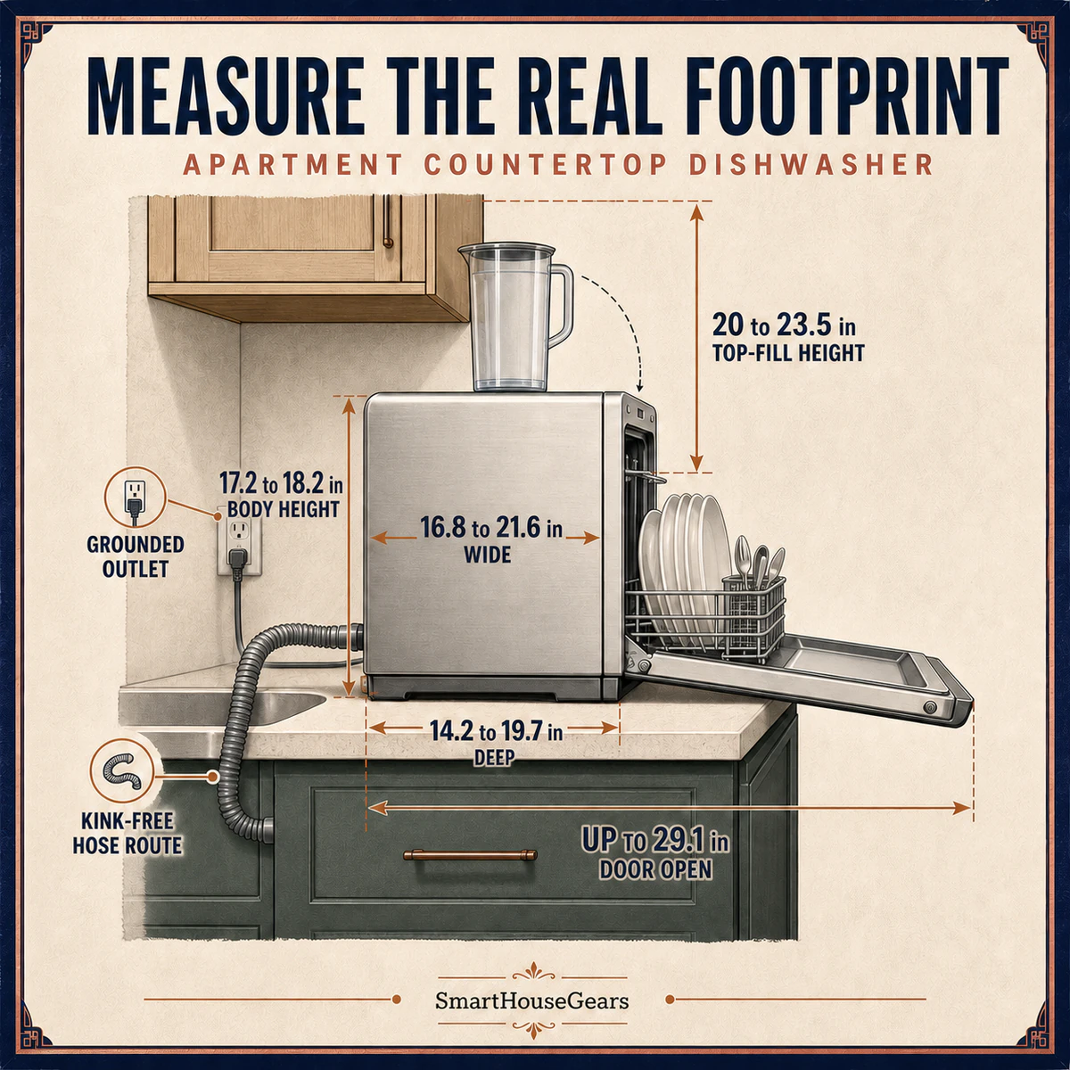 Apartment countertop dishwasher sizing map with cabinet, door and hose clearances