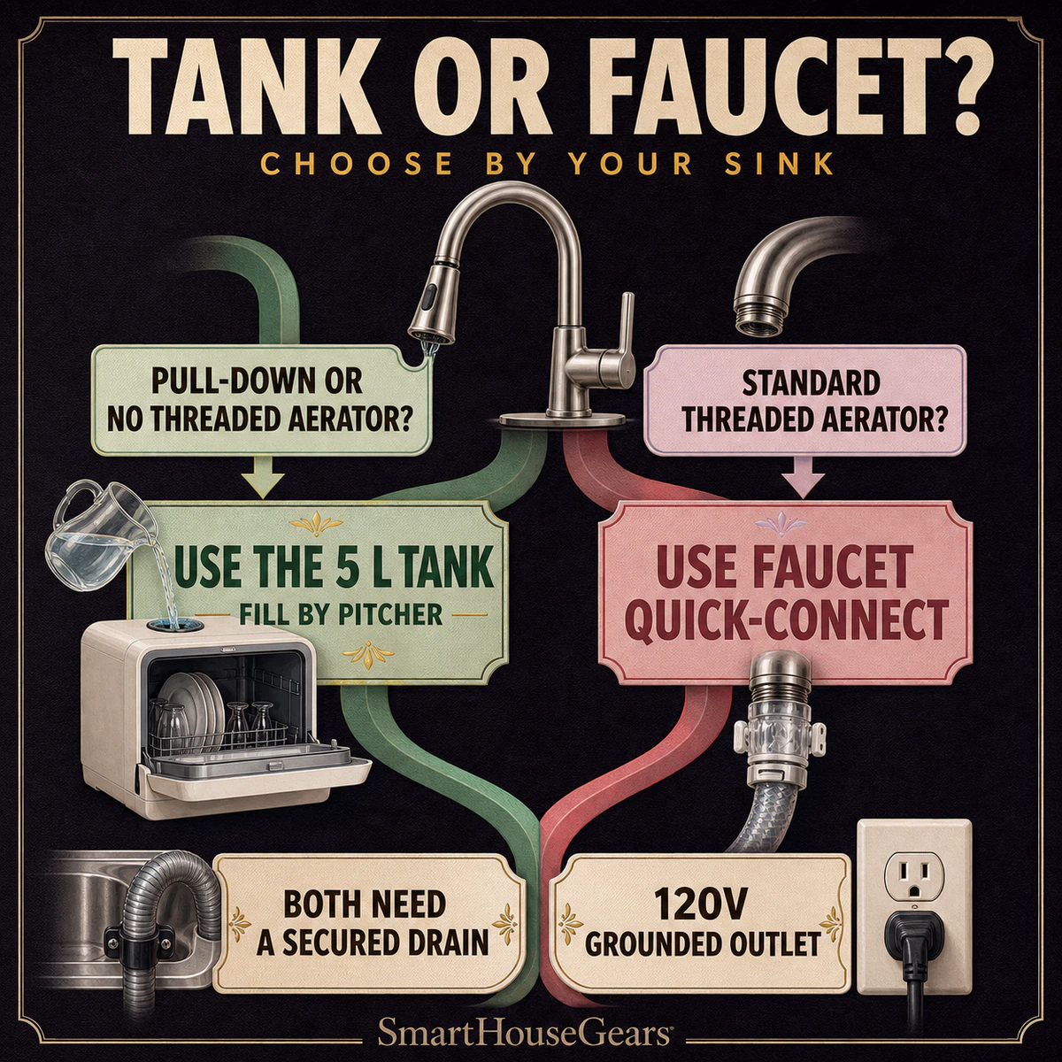 Decision flow choosing tank fill or faucet hookup, drainage and power