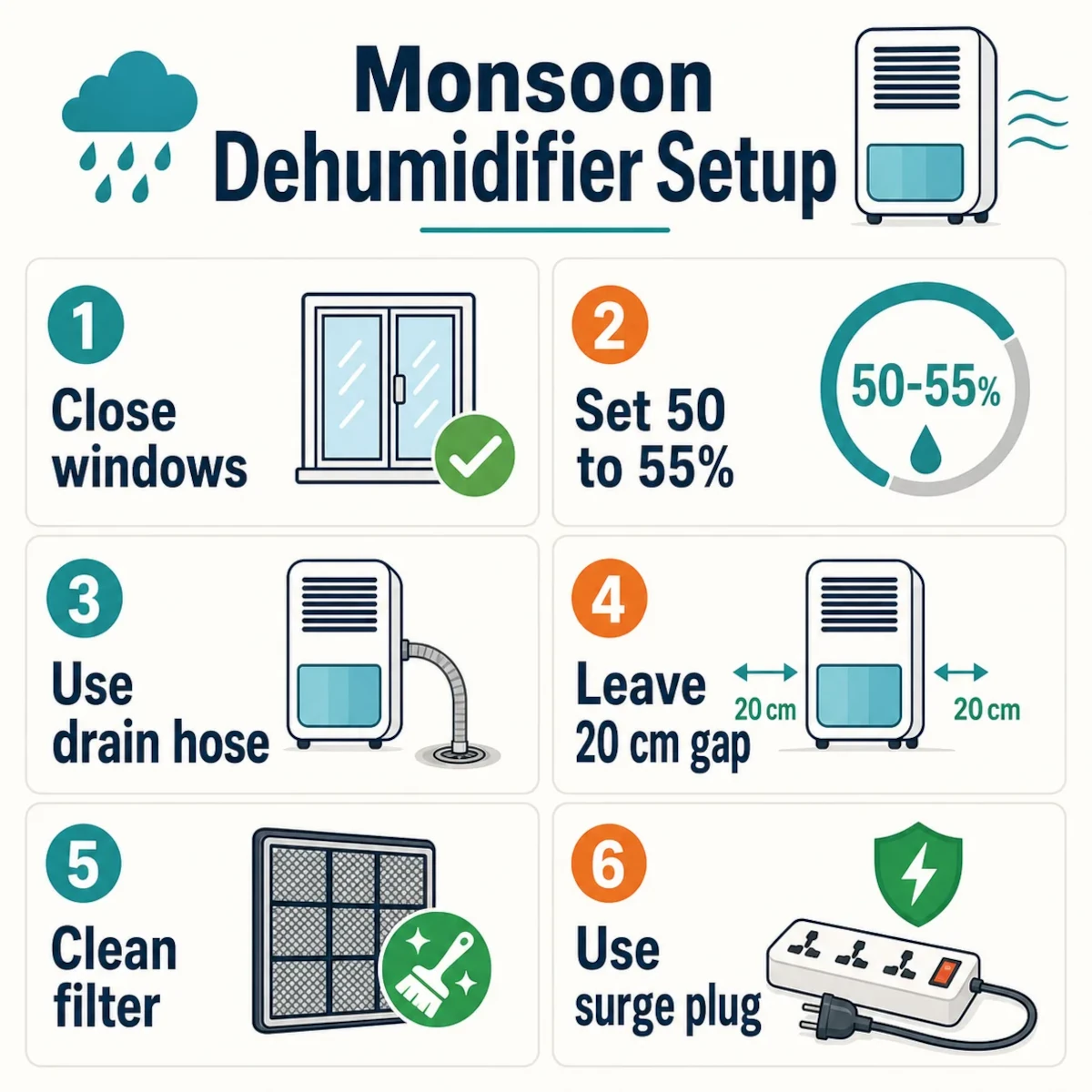 Monsoon setup checklist for using a dehumidifier safely in Indian homes