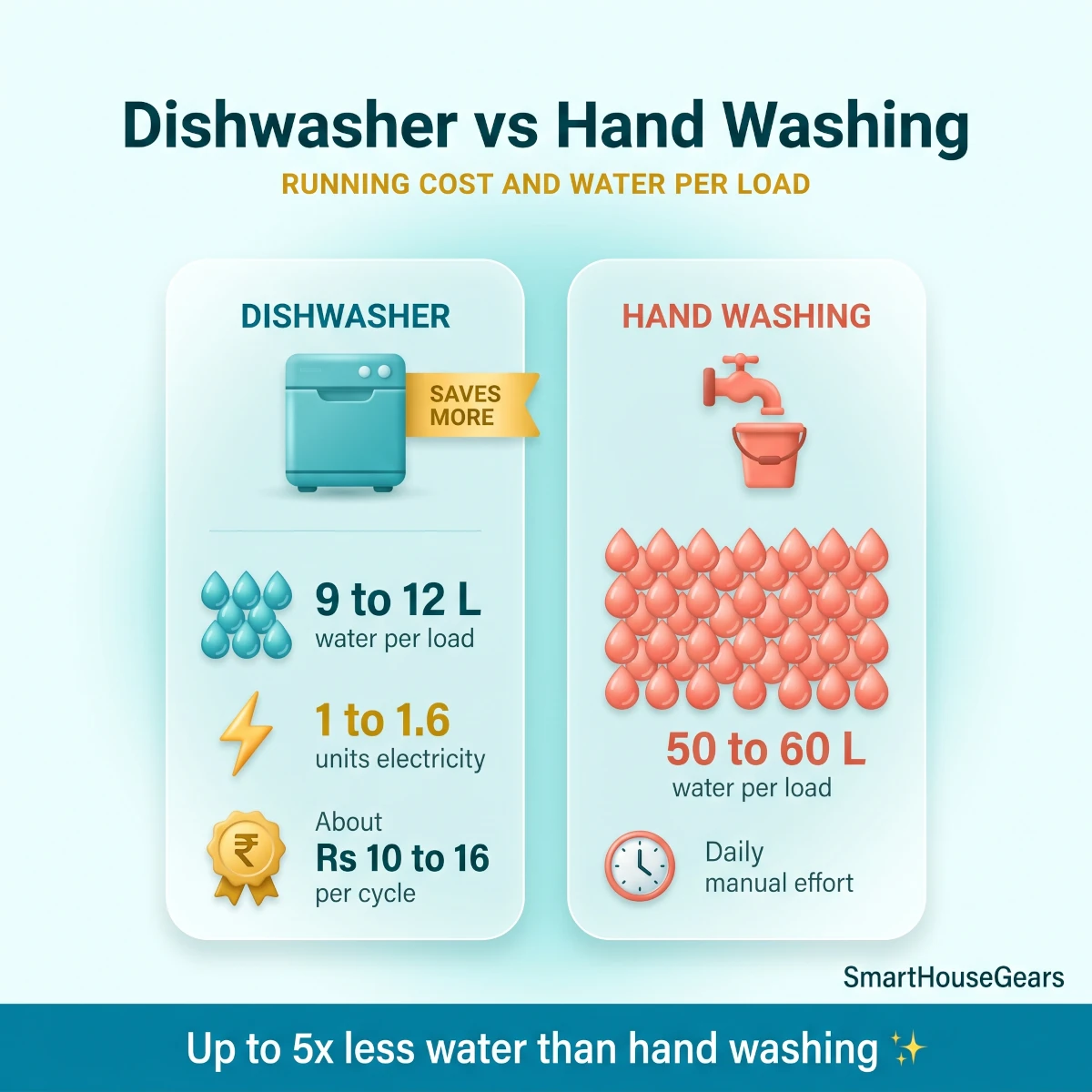 Dishwasher running cost and water savings compared with hand washing in Indian homes