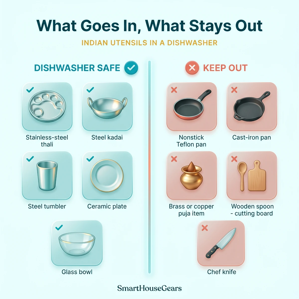 Guide showing which Indian utensils are dishwasher safe and which to keep out, like nonstick, brass and cast iron