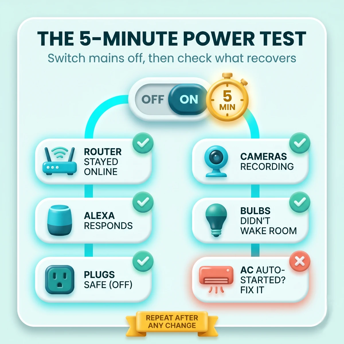 Power-return testing flow for smart plugs, cameras, Alexa and AC controllers in India