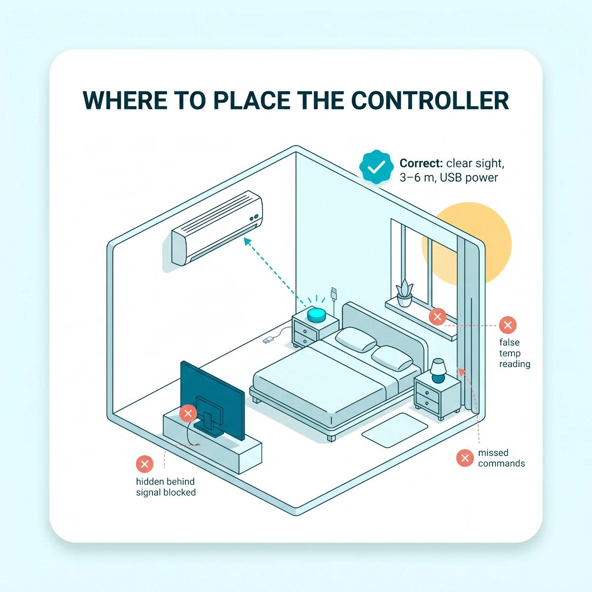 Diagram of correct smart AC controller placement with line of sight to the split AC IR receiver and away from sunlight, curtains, and hot windows