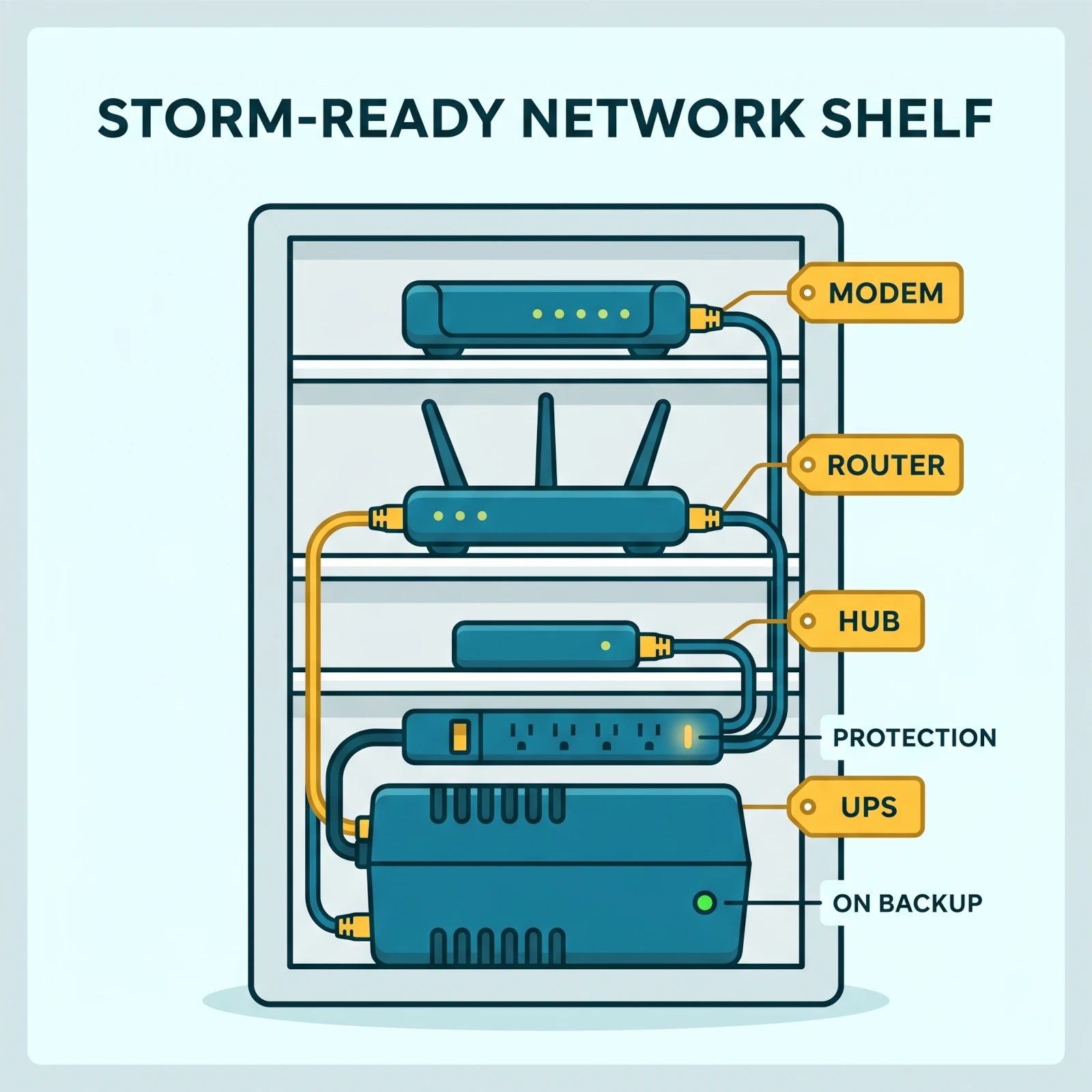 Storm-ready smart home network setup with modem, router, Matter hub, UPS, surge protector, and labeled plugs on a clean media shelf in a USA home