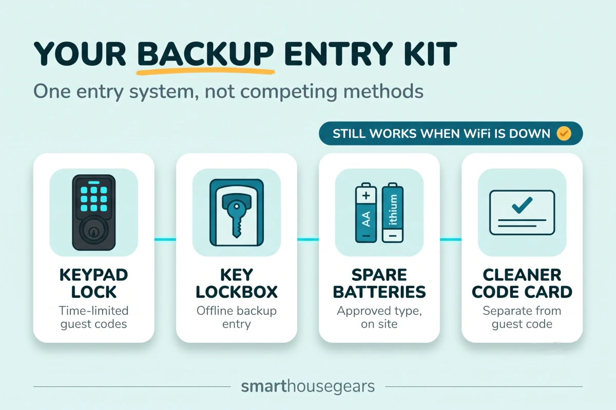Vacation rental smart lock backup entry kit with keypad deadbolt, secure physical key lockbox, approved spare batteries, and labeled cleaner instructions