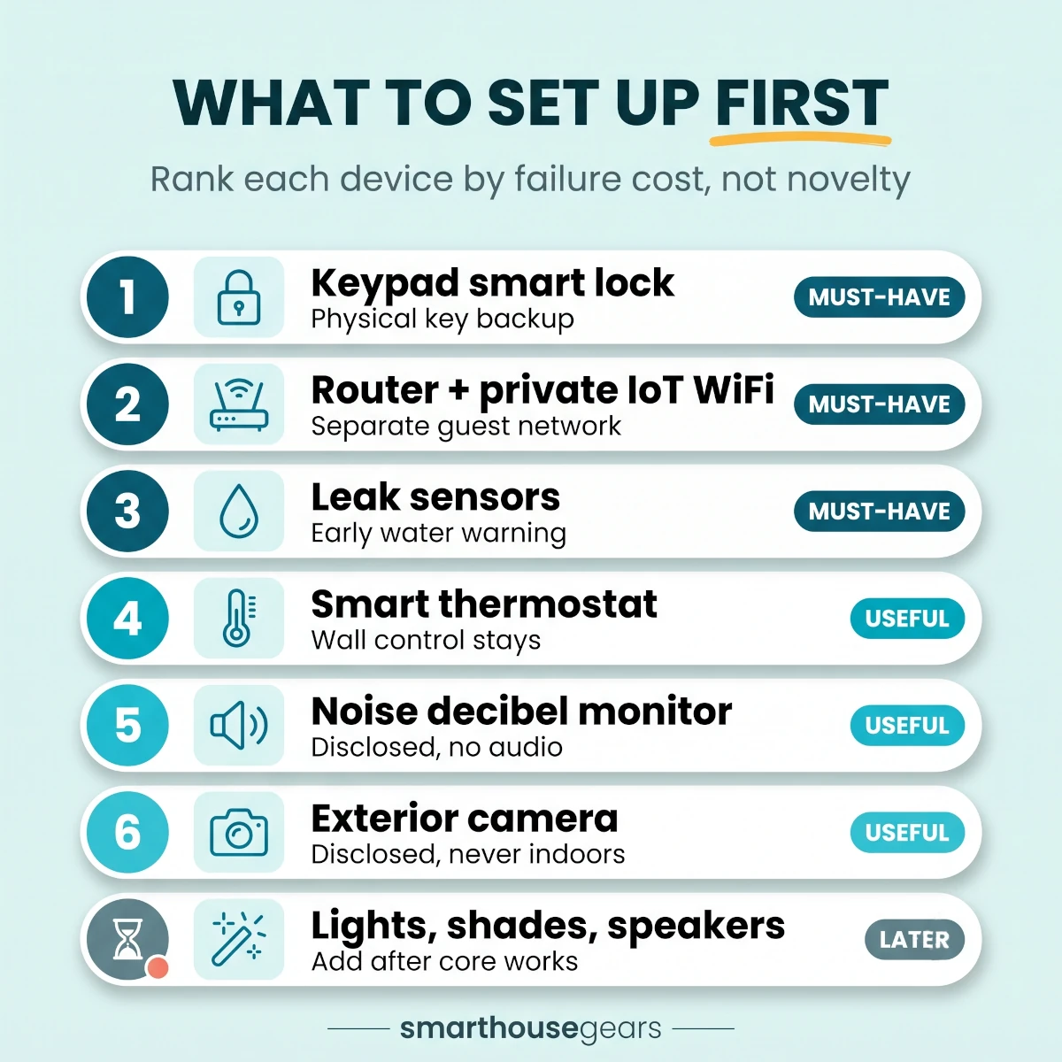 Vacation rental smart home device priority matrix ranking smart locks, WiFi, thermostats, leak sensors, noise monitors, cameras, and optional gadgets