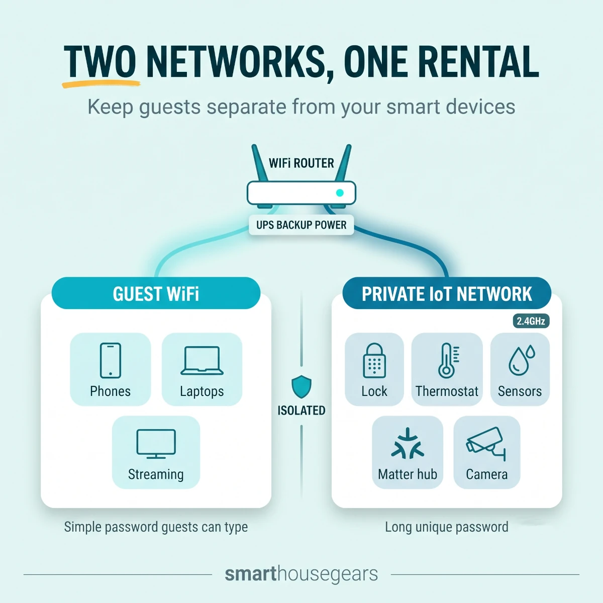 Vacation rental network layout with separate guest WiFi and private IoT network, router UPS, Matter hub, smart lock, thermostat, sensors, and exterior camera