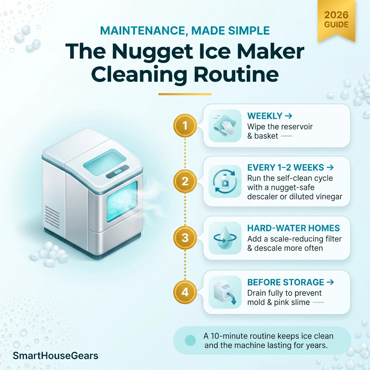 Nugget ice maker cleaning and descaling schedule infographic showing weekly reservoir wipe, biweekly self-clean cycle with nugget-safe descaler, filter changes for hard water, and full drain before storage to prevent mold and pink slime