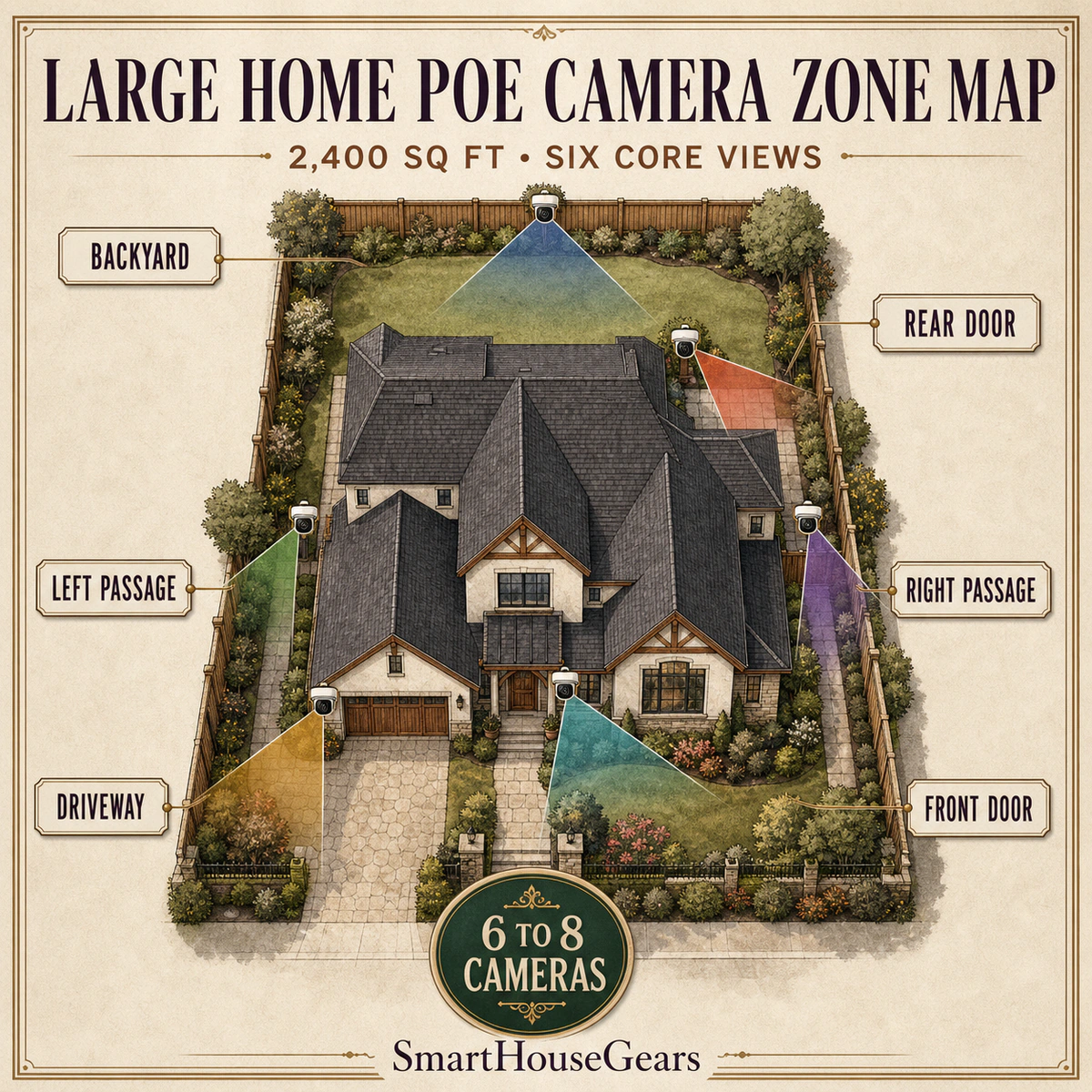 PoE camera zone map for a 2,400 sq ft two-story house