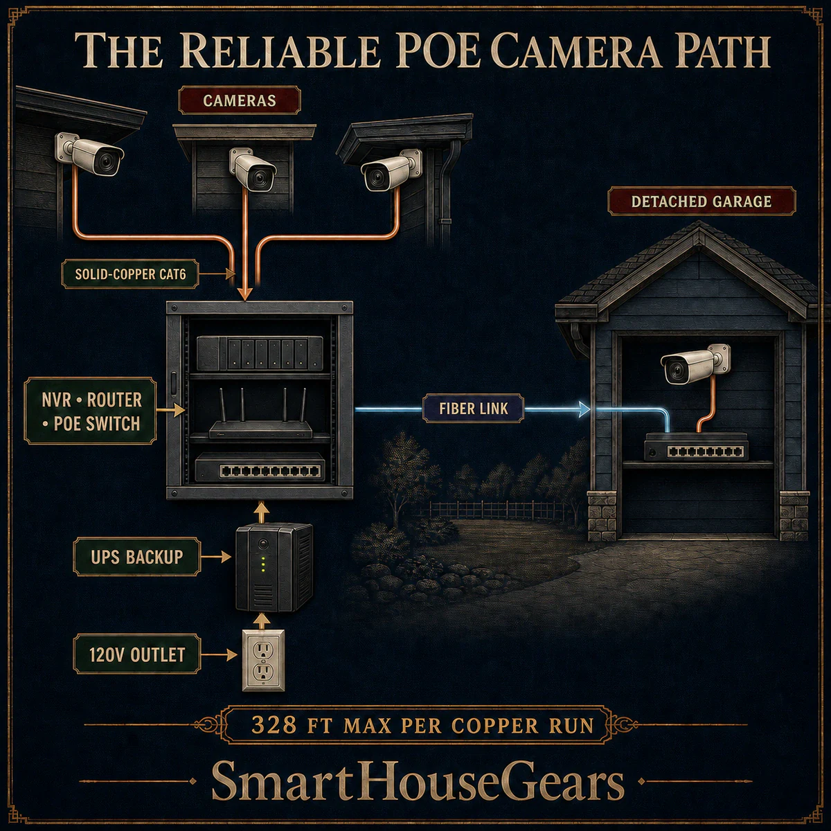 PoE camera cable and backup power path for a large home