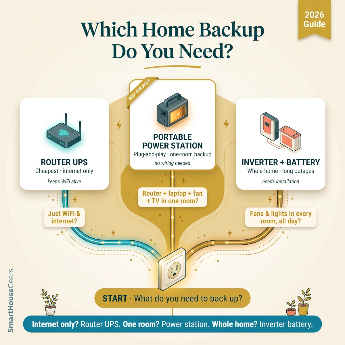 Decision tree for choosing portable power station inverter battery or router UPS for Indian power cuts