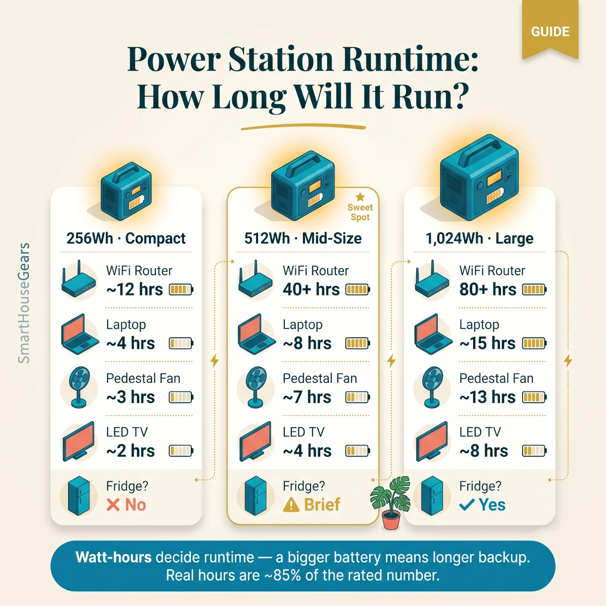Portable power station runtime cheat sheet for Indian homes with router laptop fan TV and fridge backup