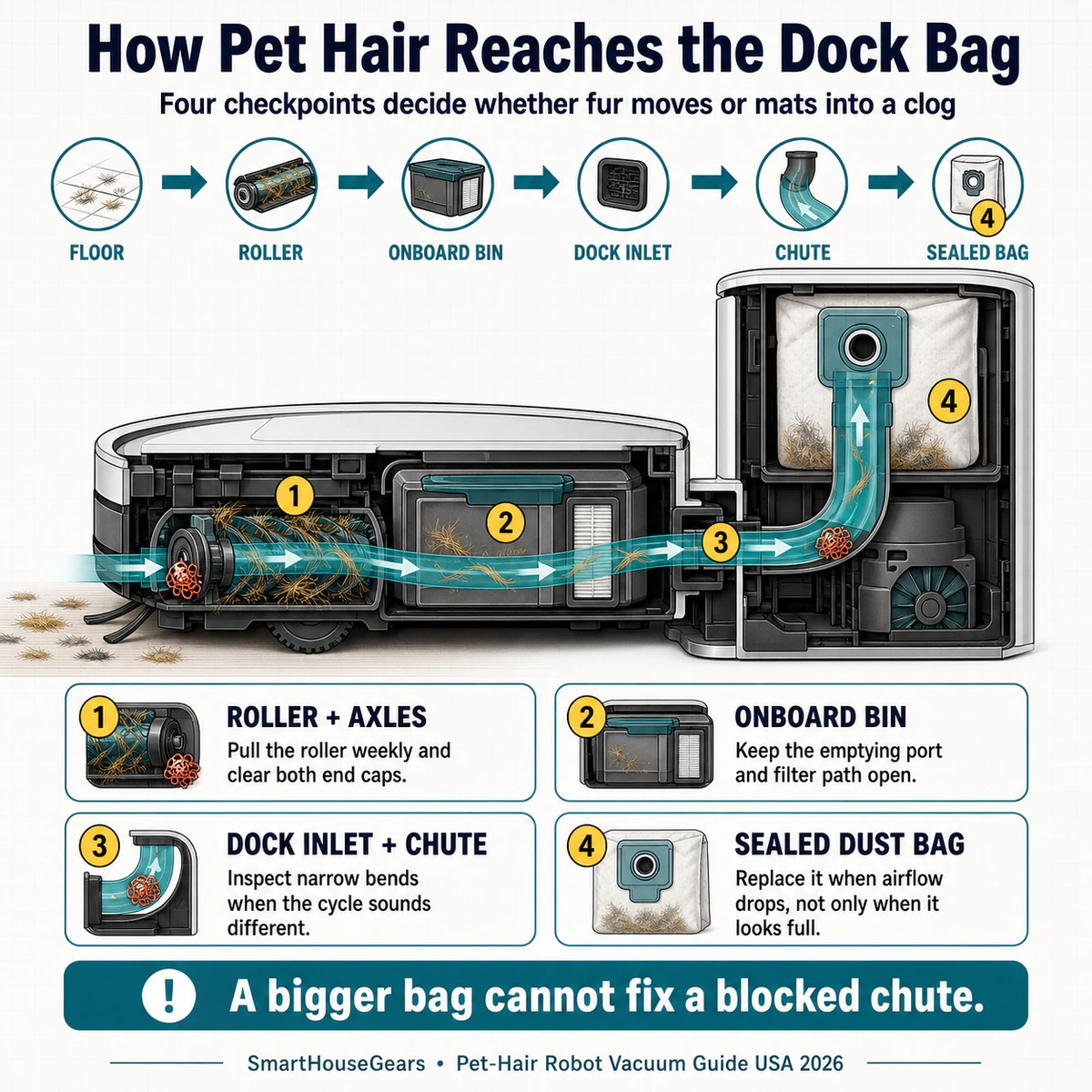 Cutaway diagram of pet hair moving from robot vacuum brushes through the onboard bin and dock chute into a sealed dust bag