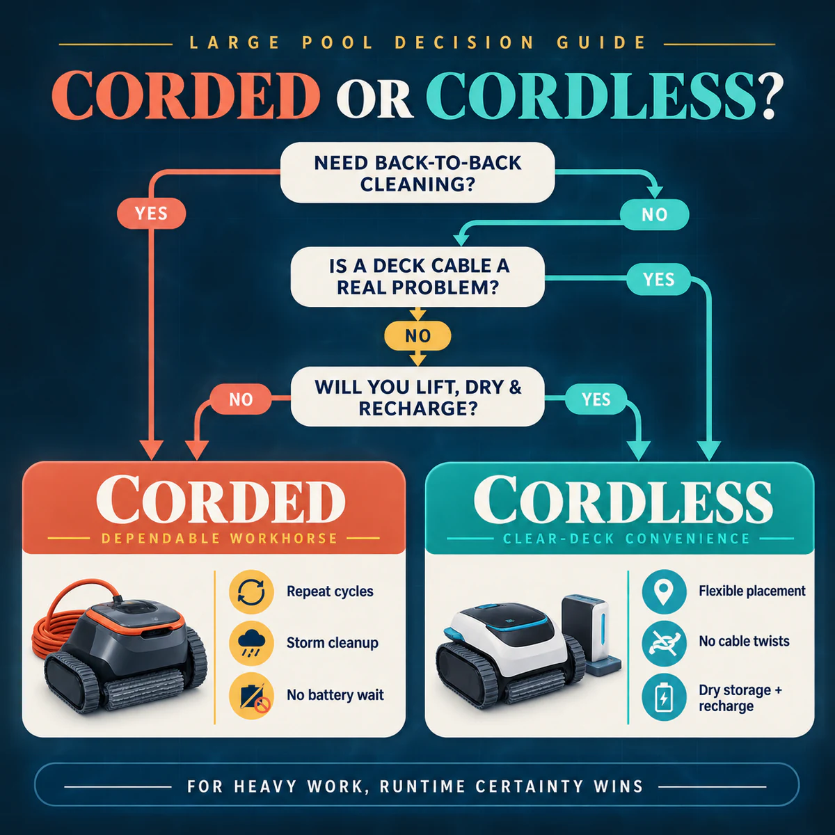 Corded versus cordless robotic pool cleaner decision tree for large inground pools based on runtime, deck layout, charging, storms, and storage