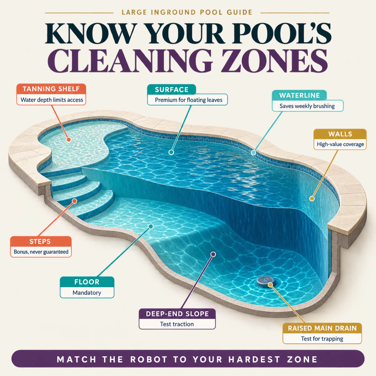 Large inground pool cleaning zone map showing the floor, deep-end slope, walls, waterline, surface, steps, tanning shelf, and raised main drain