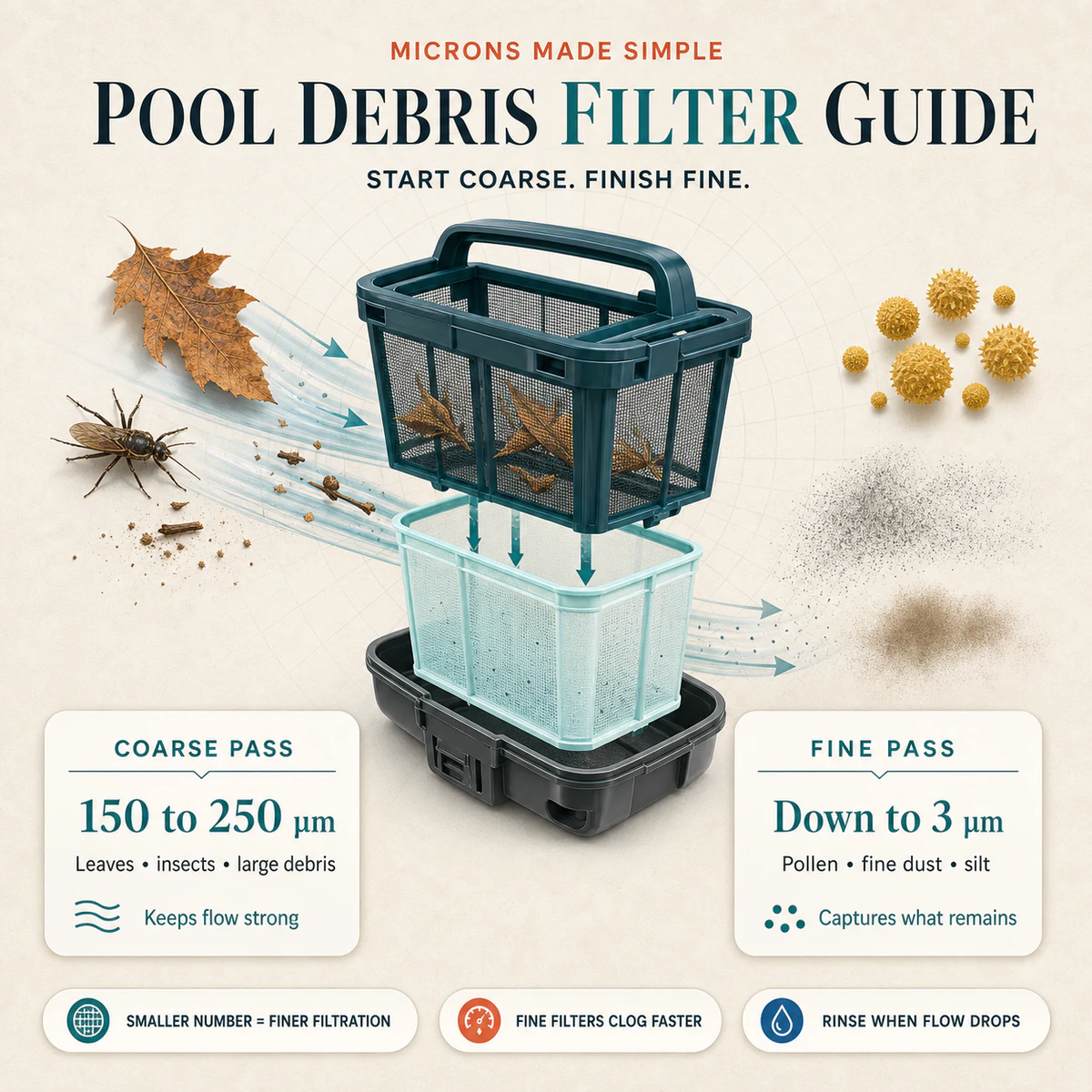 Pool robot filter micron guide matching leaves, insects, pollen, fine dust, and silt to coarse baskets and ultra-fine filter layers
