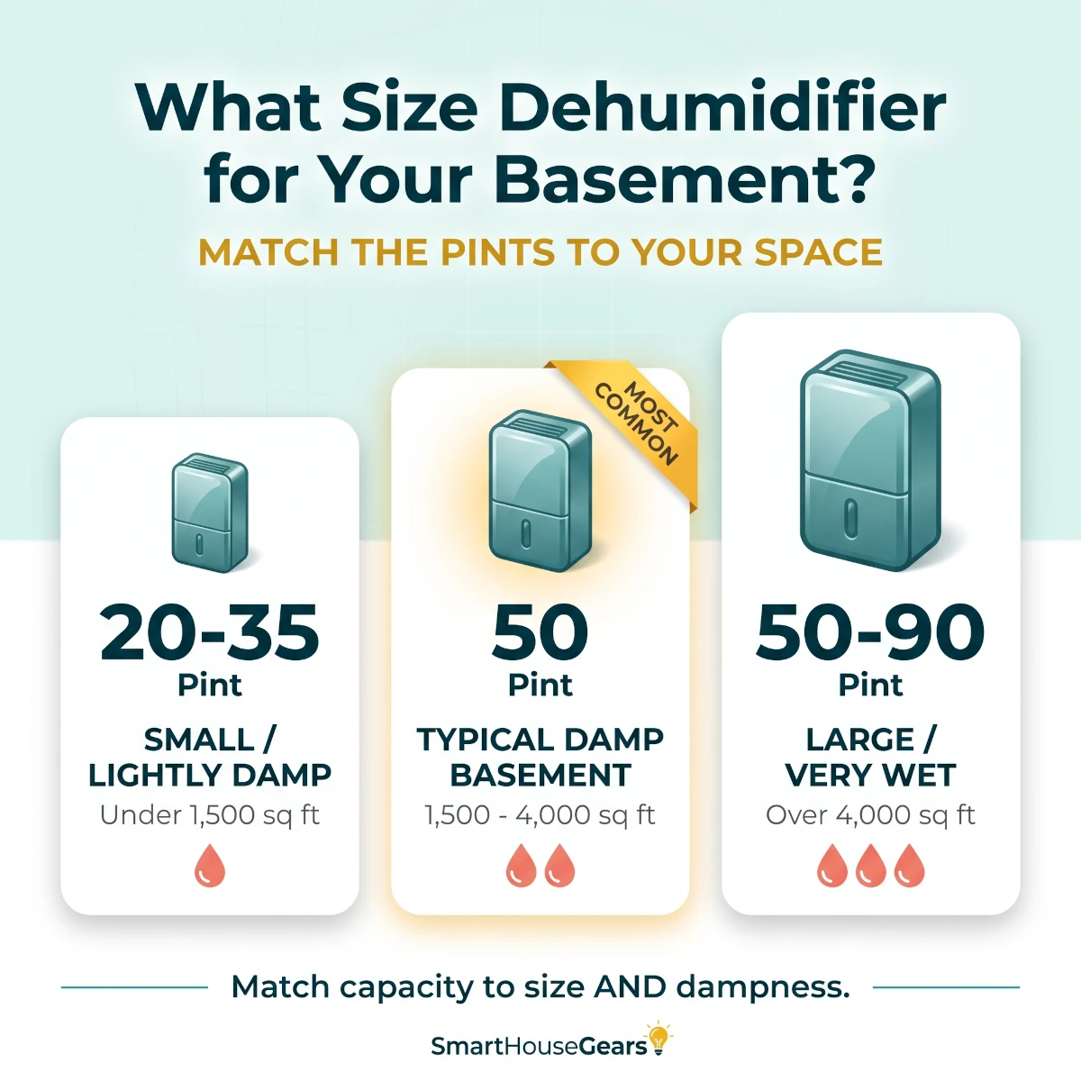 Smart basement dehumidifier sizing guide showing recommended pint capacity for small, medium, and large basements across lightly damp, damp, and very wet conditions, with coverage in square feet