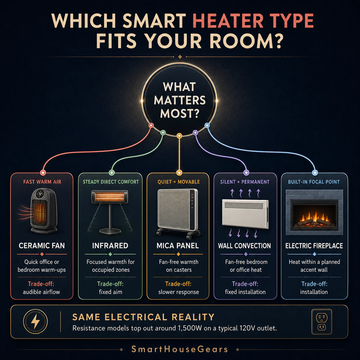 Decision flow for choosing ceramic, infrared, mica convection, fan-free wall heat, or a smart electric fireplace