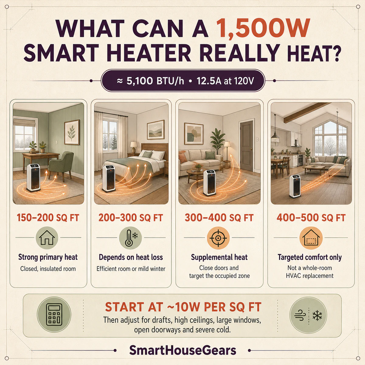 Smart space heater room sizing map comparing 1,500W primary and supplemental heating across insulated and drafty US rooms