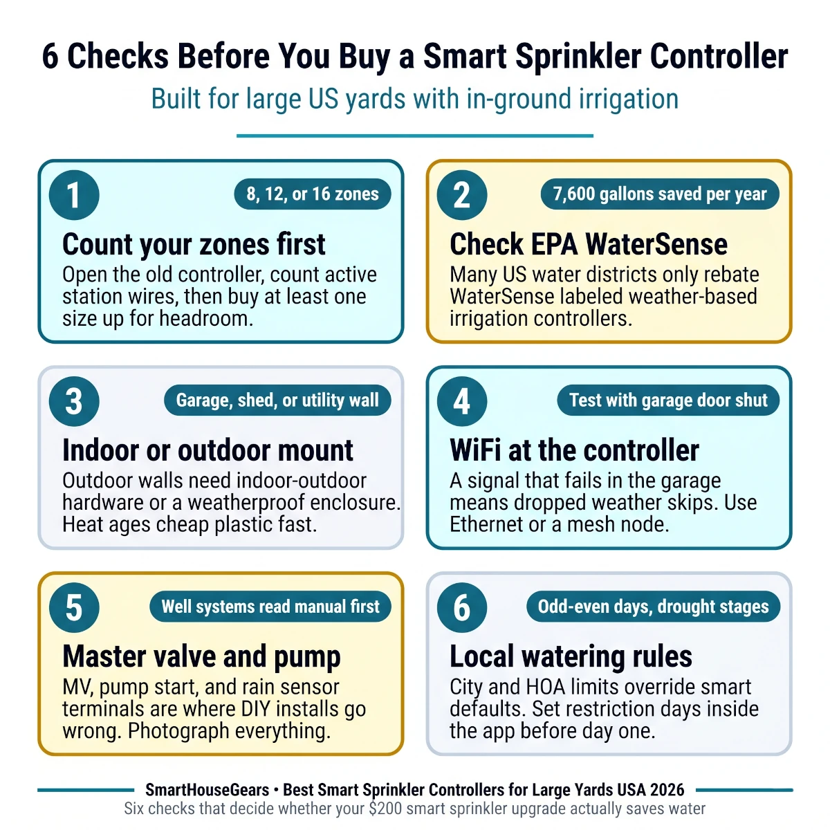 Best smart sprinkler controller for large yards infographic showing zone count, WaterSense, WiFi placement, weather skips, flow sensing, and smart home compatibility