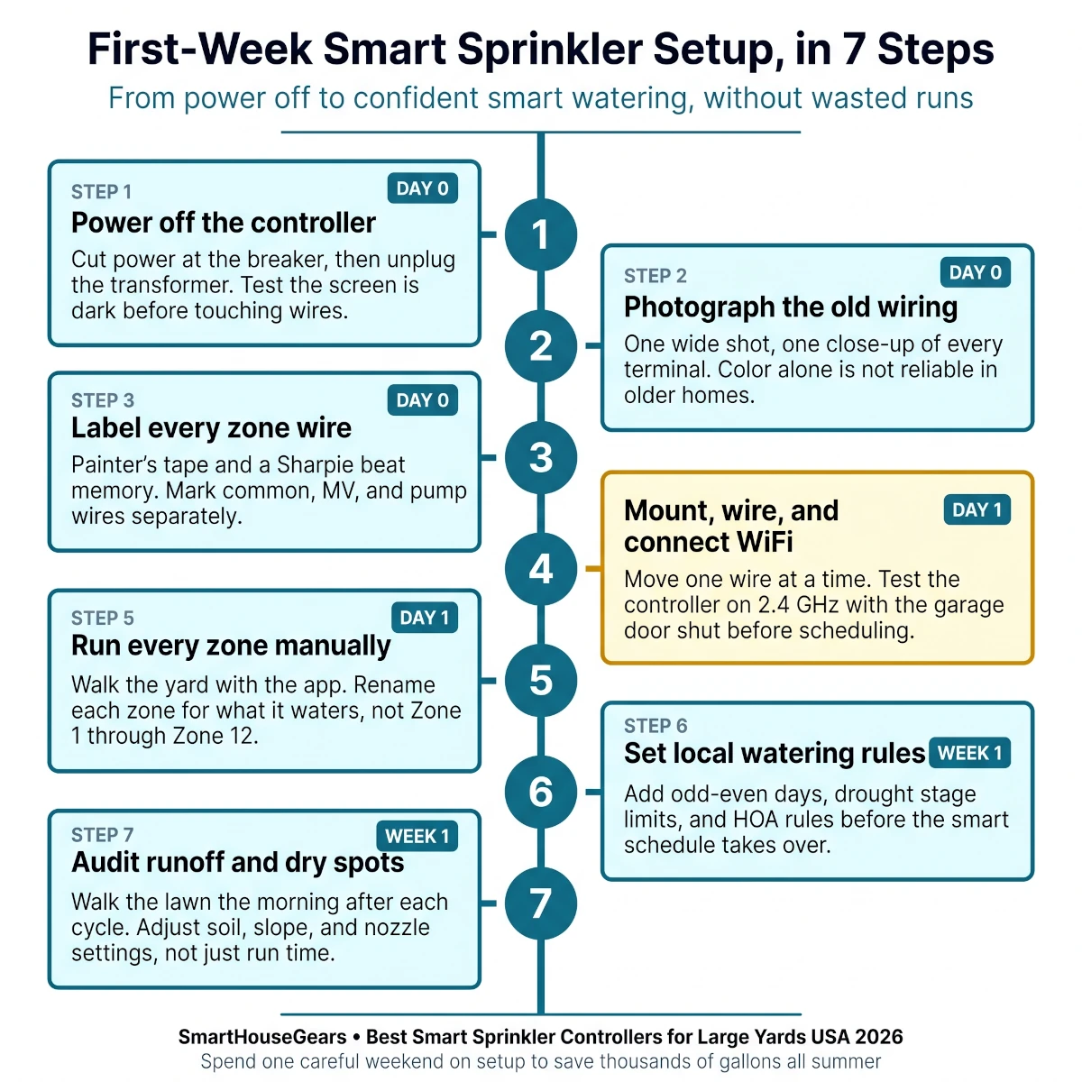 Smart sprinkler controller setup checklist for US homes showing photo old wiring, label zones, check common wire, master valve, WiFi, rebate paperwork, and first-week watering audit