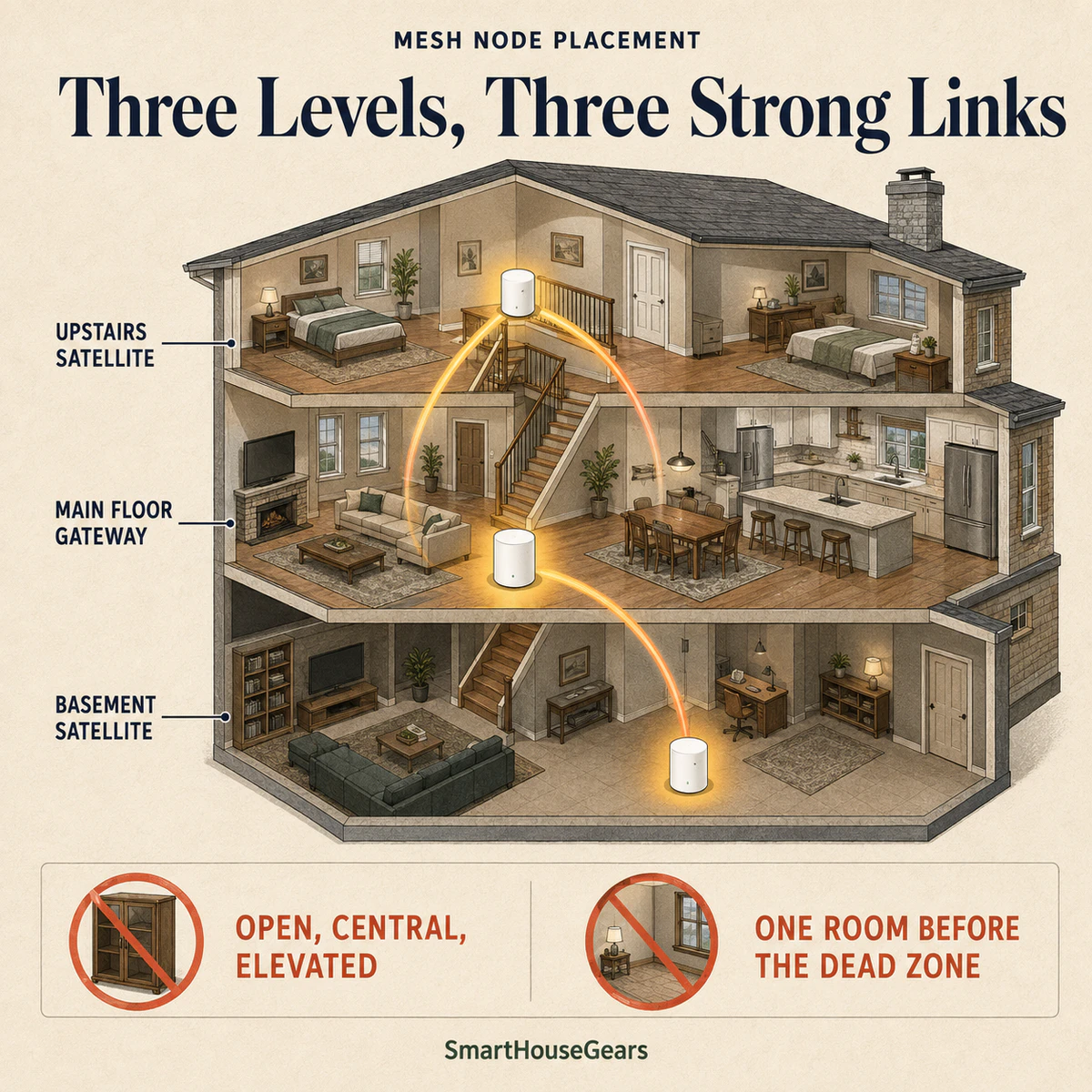 Three-level home mesh node placement with a gateway and two satellites near open stairways