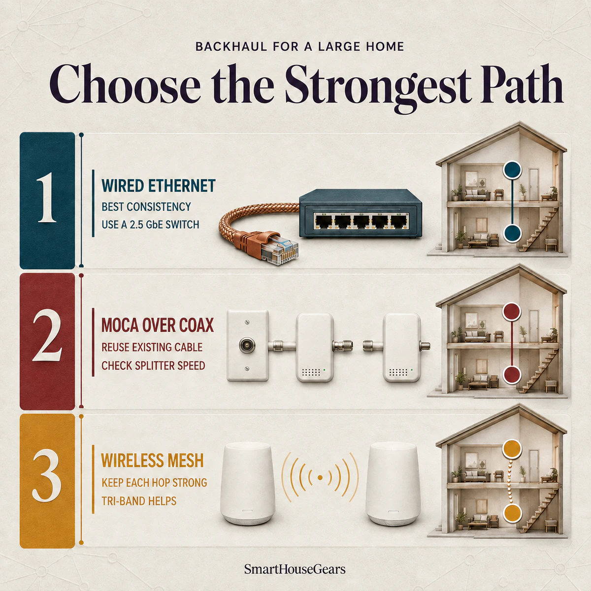 Ethernet, MoCA and wireless backhaul routes for a large-home Wi-Fi 7 mesh network