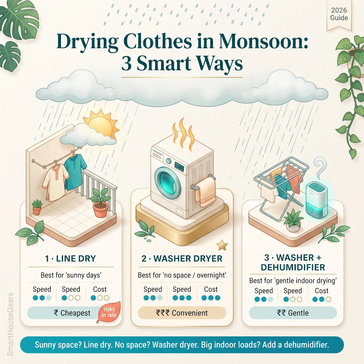 Monsoon laundry guide comparing washer-only machines, washer dryers and dehumidifier assisted drying in Indian flats