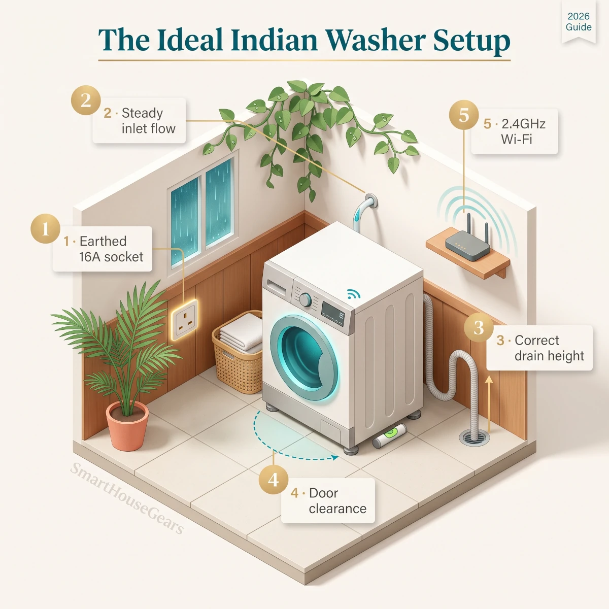 Correct washing machine installation setup in India showing 16A socket, inlet tap, drain hose height and Wi-Fi router placement